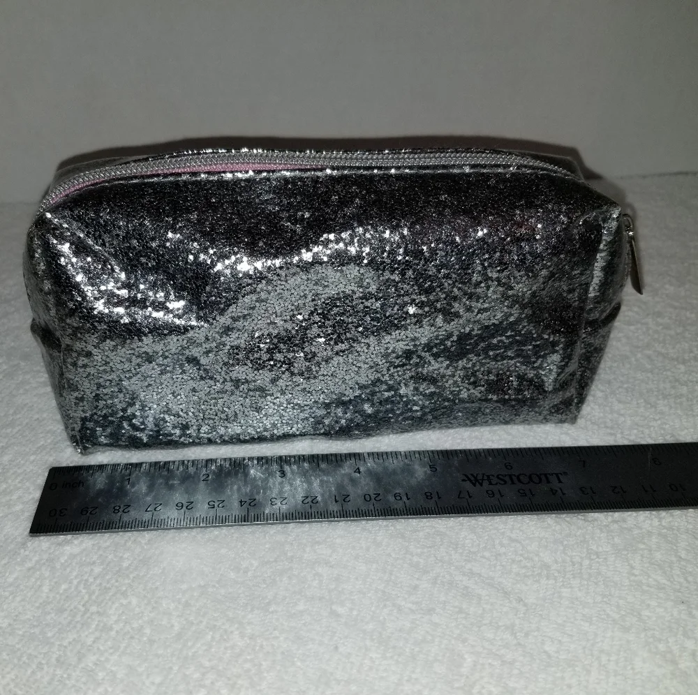 Glittery Silver Zippered Cosmetic Pouch Pink Inside